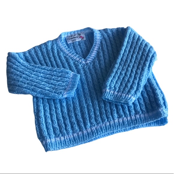Hand Knit Other - 💕 Hand Knit Baby Sweater Blue With White Trim Pattern